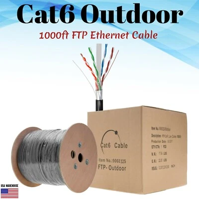 Shielded 1000ft Outdoor Cat6 Ethernet Cable FTP Solid Direct Burial Black UV - Image 1 of 4