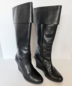 Franco Sarto schwarze Lederstiefel, oben mit Bündchen, Keilabsatz, Größe 9,5 M - Bild 1 von 6
