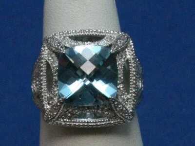 Vintage Checkerboard Cut 9.52ct Blue Topaz 925 Silver Sparkling Statement Ring - Image 1 of 4