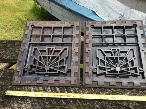 PAIR Victorian Antique Cast Iron Arts & Crafts Metal Heating Floor Wall Grate Cover