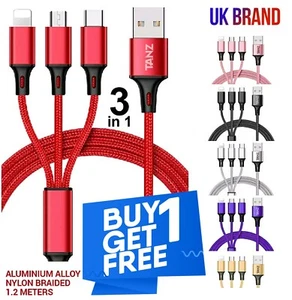 USB Cable Charger Phone 3 in 1 Fast Charging Type-C Micro USB iOS ALL Phones - Picture 1 of 14