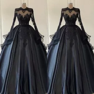 Gothic Black Wedding Dresses Strapless Long Sleeves Lace Appliques Bridal Gowns - Picture 1 of 6