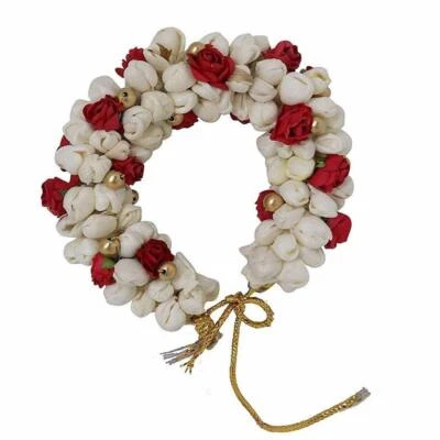 Bollo de pelo Gajra flor artificial juda accesorios para mujer en color rojo blanco  Foto 1 de 2