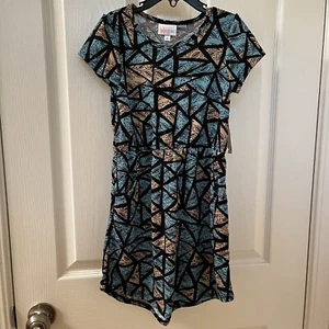 Lularoe Mae Dress Leaves Teal Beige Black Geometric Girls Size 8 NWT - Picture 1 of 12