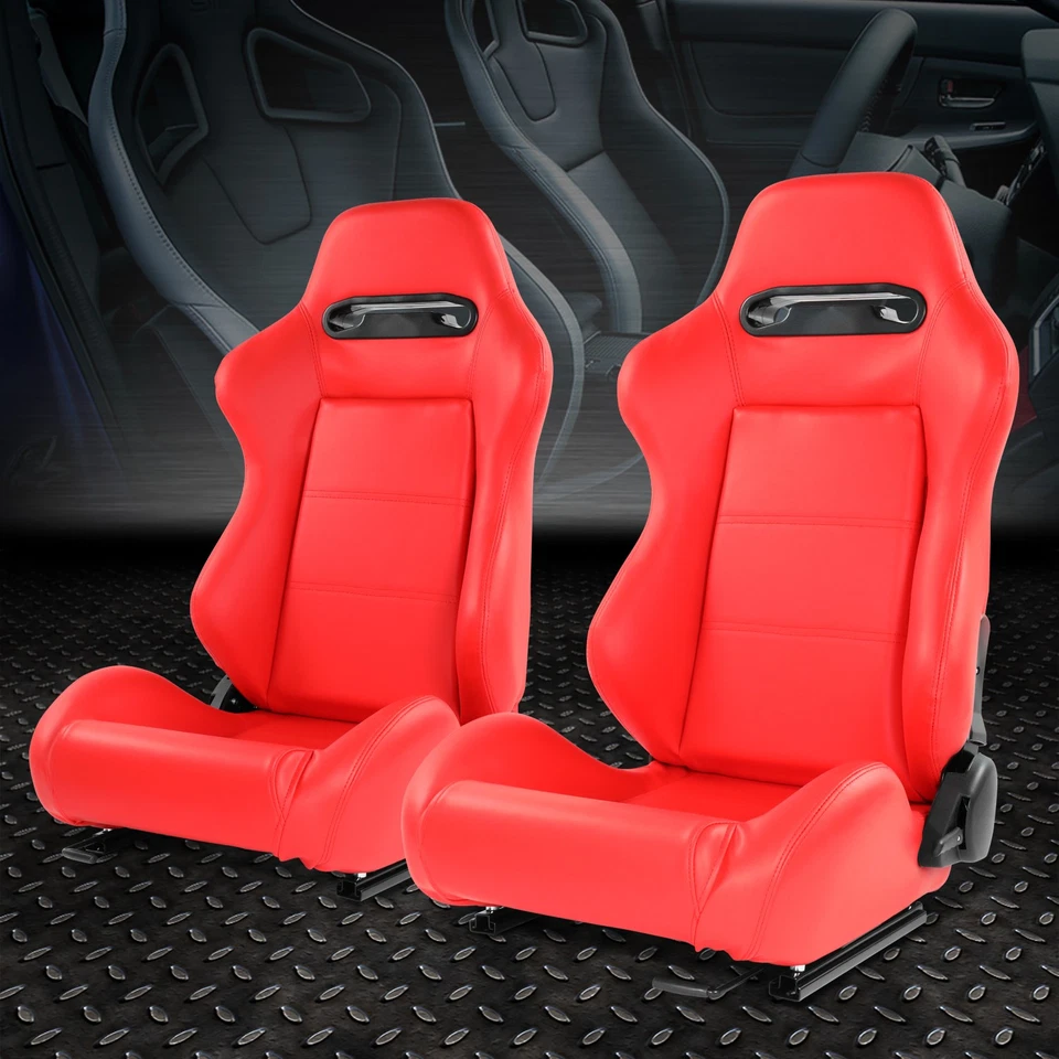 Pair Universal Red Vinyl Leather Adjustable Reclinable Racing Seats w/ Sliders Foto 1 de 4