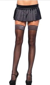 Leg Avenue Sheer Thigh High Stay Up Stockings Stripe Silicone Top OS Black 1068 - Picture 1 of 3