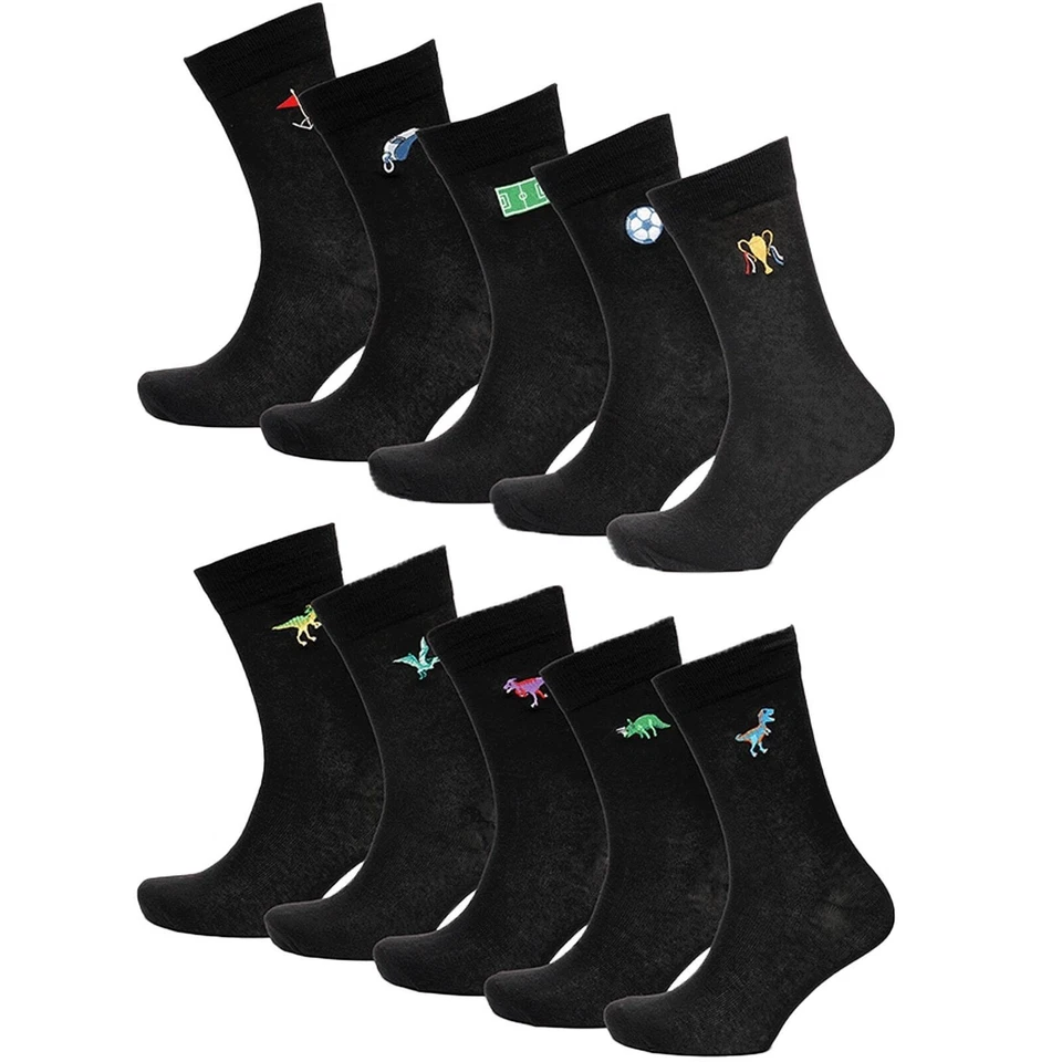 Mens Crew Embroidered Football and Dino Pack of 5 Rich Cotton Comfortable Socks - Image 1 of 1