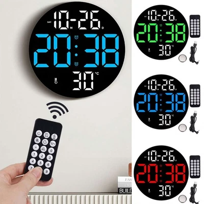 Round LED Large Digital Wall Clock Remote Control Temperature Date Week Display - Image 1 of 4