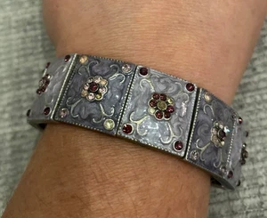 Vintage Enamel Metal Stretch Bracelet Panel Flower Rhinestone design Silver Tone - Picture 1 of 4