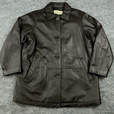 De colección Eddie Bauer Mujer Mediano? Abrigo chaqueta de cuero marrón con botones 22X30 BONITO Foto 1 de 4