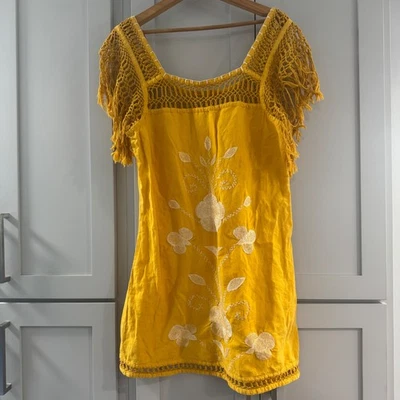 Vestido Free People Crochet Flecos Amarillo Bordado Floral Mezcla Algodón Talla 12 Foto 1 de 4