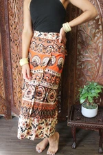  Boho Hippy Gypsy Wrap Maxi Skirt Orange Brown Floral Printed Cotton Cover Up 