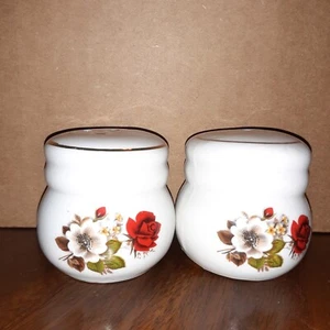 Vintage Porcelain Salt And Pepper Shakers Red Rose Floral Stubby Round - Picture 1 of 4