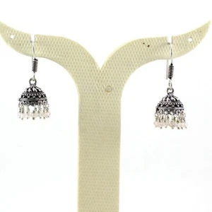 Earrings Natural Rose Quartz Gemstone Handmade Beaded Jewelry Oxidized Jhumki - Picture 1 of 2