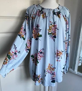 JOULES Talia Pop Over Top Blouse Floral Pale Blue Smocked Neck Cuffs UK 20 - Picture 1 of 11