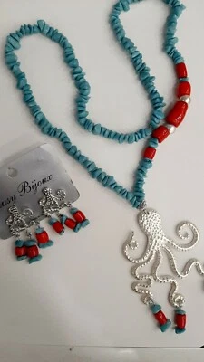 Collana lunga in turchese corallo polipo completo orecchini - Immagine 1 di 4