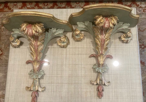 PAIR Mid Century Italian VENETIAN Gilt Wood Wall Brackets Shelves Cover