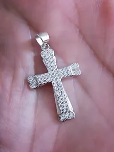 Collar colgante cruzado para mujer y hombre enchapado en oro blanco 14K plata sólida 925 - Imagen 1 de 8