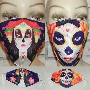 LOT OF 2 DAY OF DEAD SKULL SUGAR WASHABLE COTTON ADJUSTABLE FACE MASK INDIANA - Picture 1 of 1