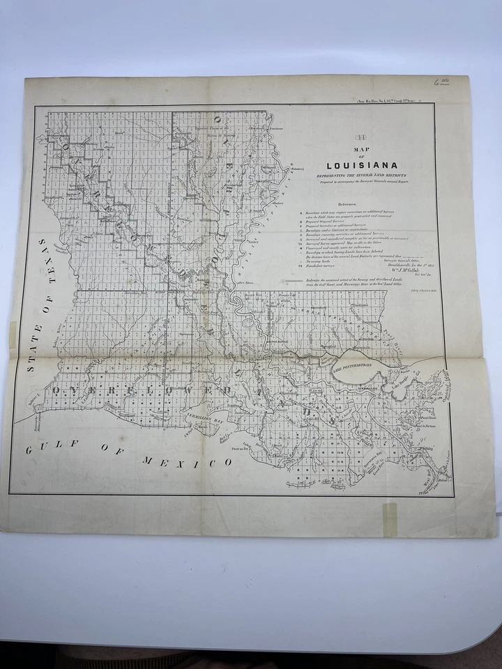 1855 Survey Map LOUISIANA Overflowed Land District Claims Hoen & Co. Litho - Image 1 of 4