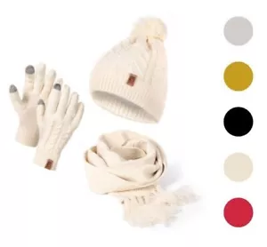 Mütze Schal Handschuhe Set Damen Bommelmütze Gefüttert Winterschal mit Fransen - Bild 1 von 75