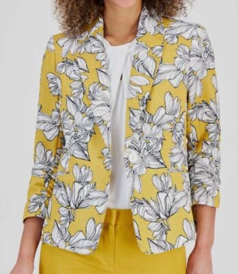 Kasper Women's Yellow Floral-Print 3/4-Sleeve Textured Jacket Size 4 - Image 1 of 4