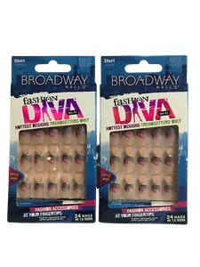 2 pk KISS BROADWAY GLUE ON NAILS FASHION DIVA PINK, SILVER BLACK DESIGN BGFD01 - Picture 1 of 4