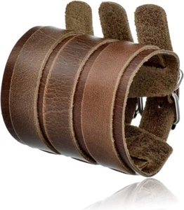 Genuine Leather Three Wide Strap Bracelet Punk Cuff Gauntlet Biker Arm Armor Ban - Picture 1 of 4