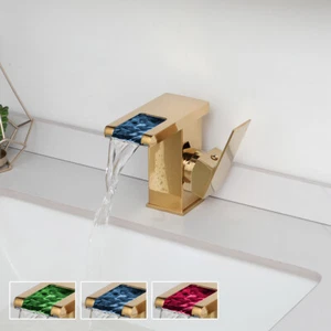 Golden LED Bathroom Faucet Waterfall Spout Brass Mixer Deck Mounted Vanity Taps - Picture 1 of 12