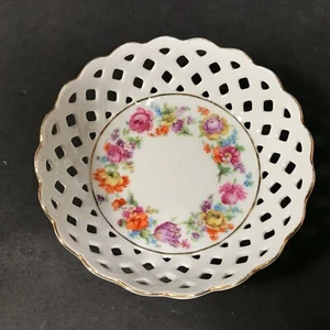 Dresden reticulated bowl, Vintage German pierced porcelain flower trinket dish - Picture 1 of 9