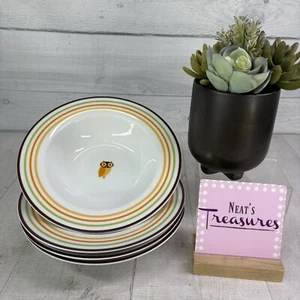 Rachael Ray LITTLE HOOT Autumn Stripe Owl Bands Porcelain Rim Soup Bowl Set of 4 - Picture 1 of 20