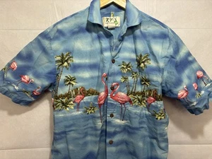 Vintage KY's Hawaiian Shirt Men's Small Blue Button Palm Trees Flamingos Water - Picture 1 of 10