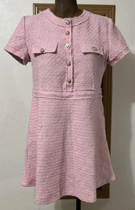 Textured Mini Dress Pink A-line Women’s Medium Buttons Fringe Frayed - Picture 1 of 6