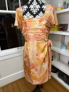 Talbots Pure Silk Dress Faux Wrap Orange Coral Floral Midi Square Neck Womens 12 - Picture 1 of 10