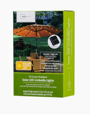 Luces LED para paraguas de patio Mainstays 72 unidades alimentadas por energía solar blanco cálido, 9' Foto 1 de 3