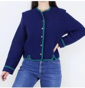 Vintage Tally Ho WOLLE STRICK BLAZER CARDIGAN JACKE Gr. 6 marineblau grün Borte Zipfel Knopf - Bild 1 von 11