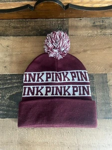 PINK Victoria's Secret Pom Knit Beanie Hat Burgundy One Size - Picture 1 of 4