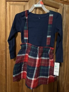 Carters Toddler Girls 2 PC Outfit Blue Shirt & Red Plaid Jumper Dress Set - Picture 1 of 2