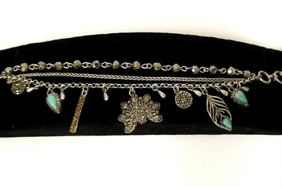 LUCKY BRAND AGED SILVER CHAIN,BLUE TURQUOISE,BEADS,PEACOCK,PAVE,CHARM BRACELET - Image 1 of 4