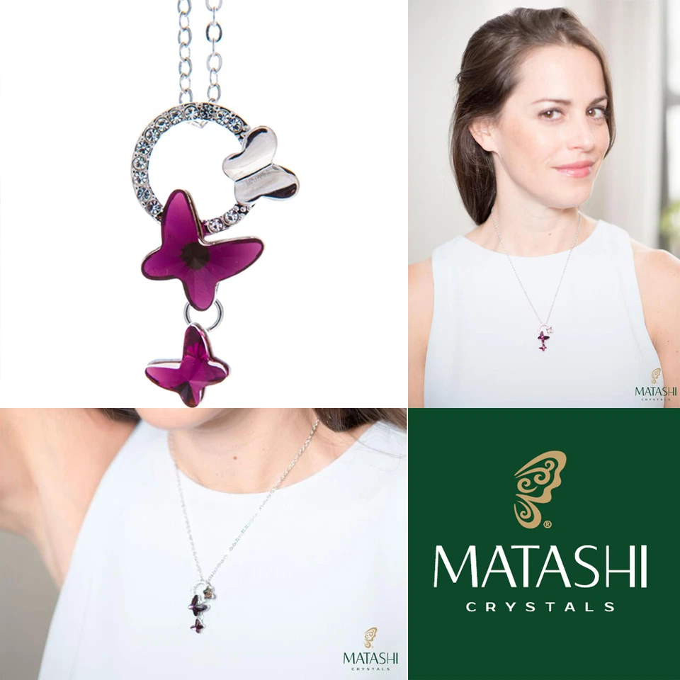 Matashi 16" Rhodium Plated Necklace w/ Purple Butterfly & Clear Crystals Gift - Image 1 of 4