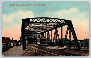 Oshkosh WI~Trolley Crosses Interurban Bridge As Pedestrians Walk Along~1913 B&W - Picture 1 of 2