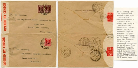 BURMA WW2 CENSORED JAN + FEB 1942 2 COVERS to INDIA C20 HANDSTAMP Cover