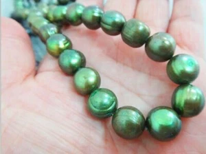 Charming 17"10-12mm Natural South Sea Genuine Green Baroque Pearl Necklace - Picture 1 of 2