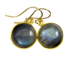 Labradorite Earrings Natural Blue Bezel Round Smooth Simple Drops 1" 14k Gold - Picture 1 of 3