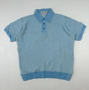 Vtg 60s 70s Edwards of California Blue/White Striped Crepe Knit Polo Shirt Sz Lg - Picture 1 of 8