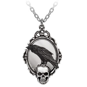 Alchemy Gothic Reflections of Poe Pendant Mirror Black Crow Skull Necklace P919