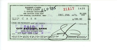 Autographed Canceled Check Sammy Cahn lyricist, songwriter, and musician Cover