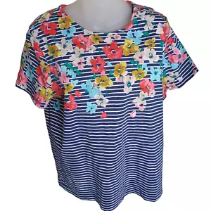 Joules Damen-Oberteil Blumenmuster Größe 12 Hafendruck blau weiß gestreift Knopfakzente - Bild 1 von 6