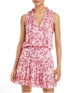 Poupette St. Barth Clara Pink Floral Print Mini Dress Pom Poms XS NWOT - Picture 1 of 9