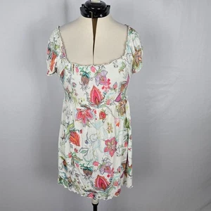 H&M Dress Women's XL White Colorful Floral Fit & Flare Cap Sleeve Mini Shirred - Picture 1 of 17